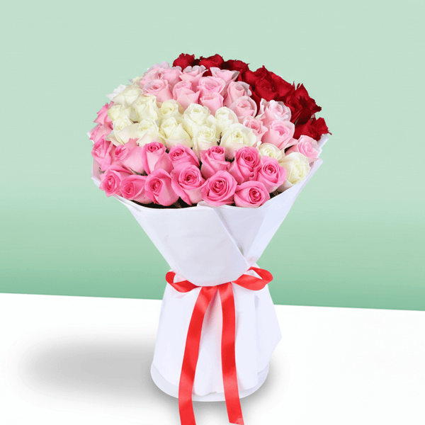 Love Mixed Roses Bouquet arranged with red, pink and white mixed roses
