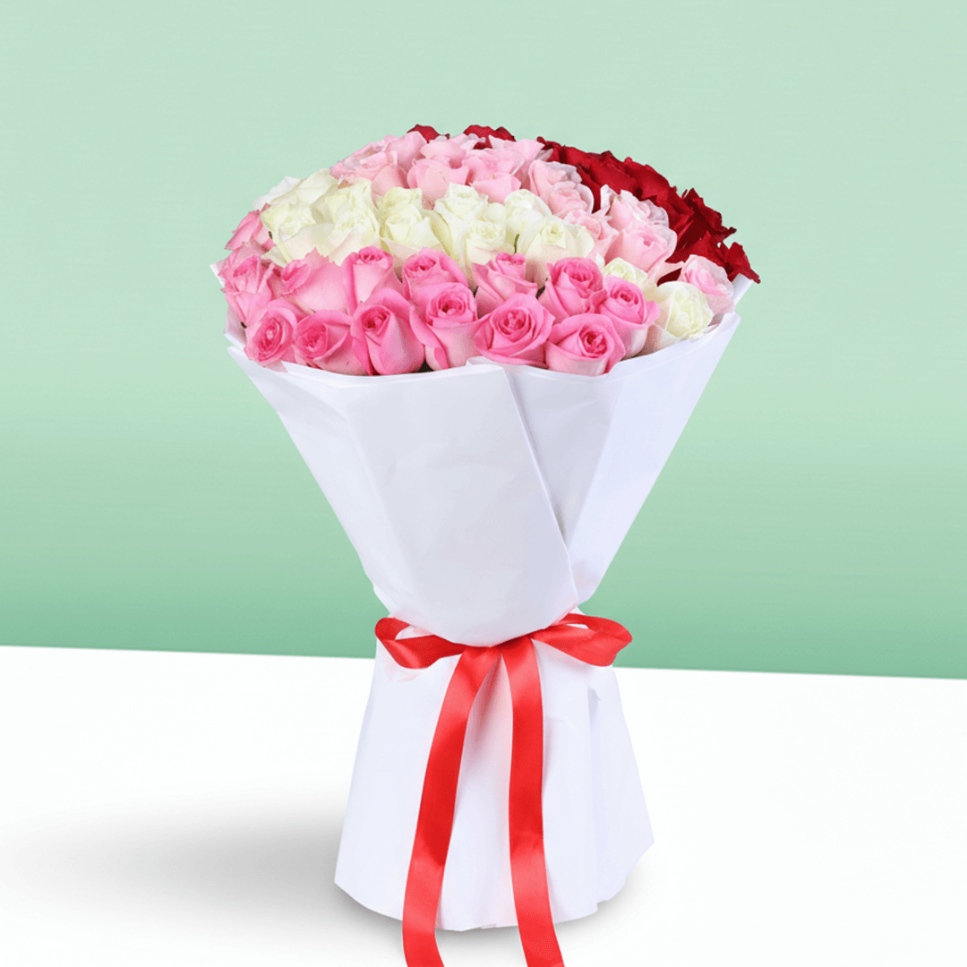 Love Mixed Roses Bouquet arranged with red, pink and white mixed roses