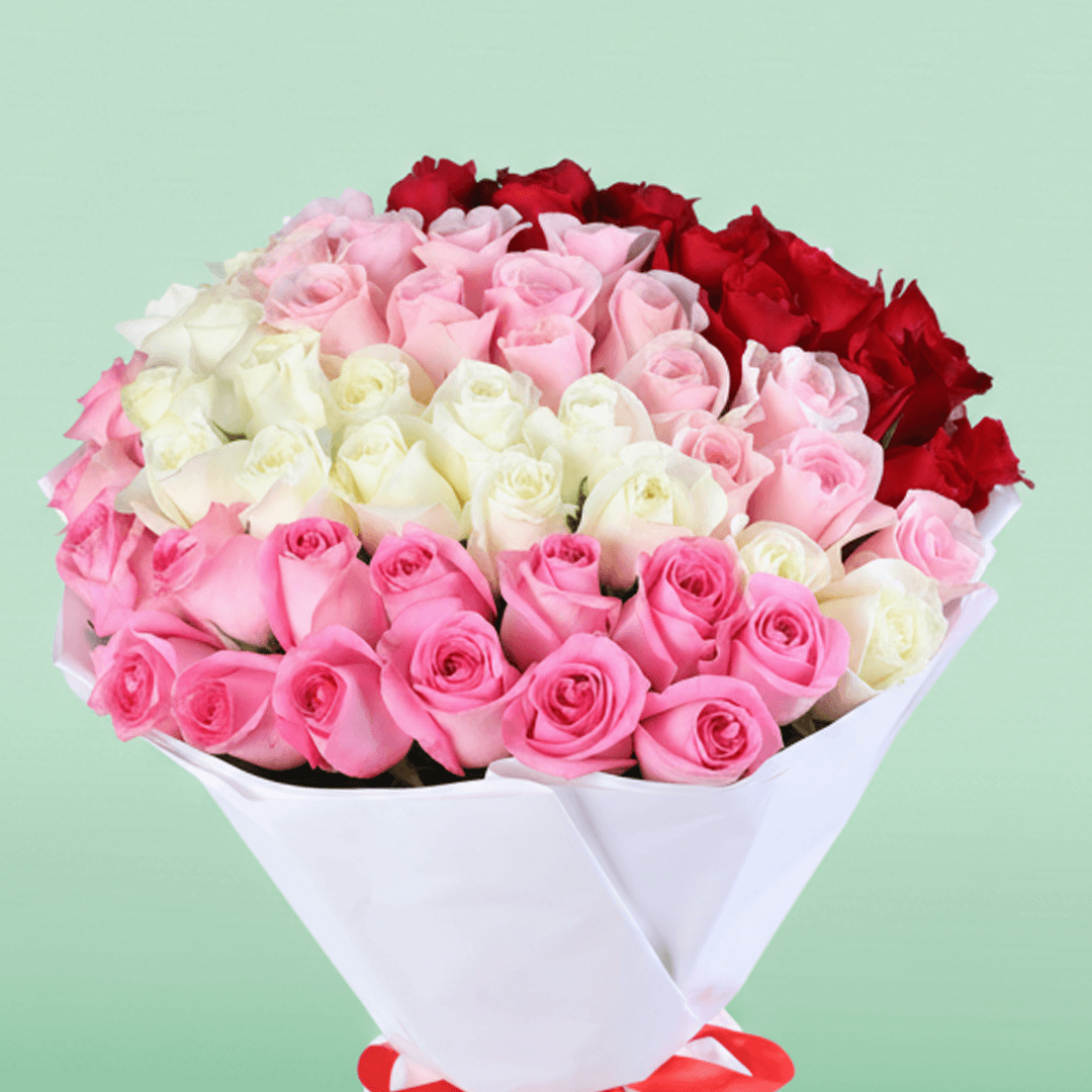 Love Mixed Roses Bouquet arranged with red, pink and white mixed roses