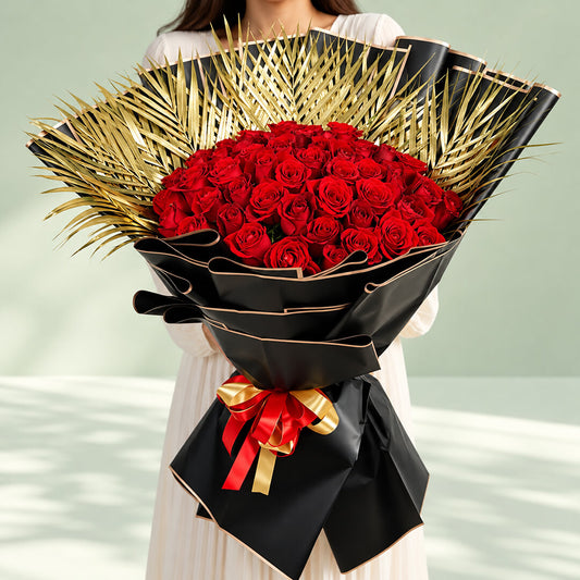 Luxury 50 red roses bouquet wrapped elegantly, perfect for romantic gifts, anniversaries, and Valentine's Day