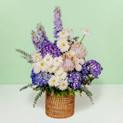 Luxury assorted flower basket with protea, hydrangea, gerberas and eucalyptus