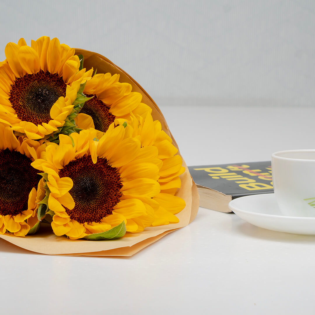 Premium cut sunflowers wrapped in a protective sleeve for fresh flower arrangements.