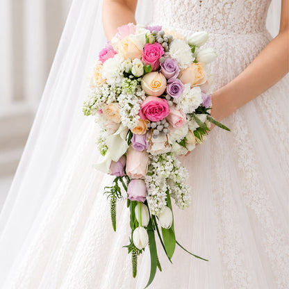 40-stem bridal bouquet featuring tulips, roses, Calla lilies, and assorted premium flowers