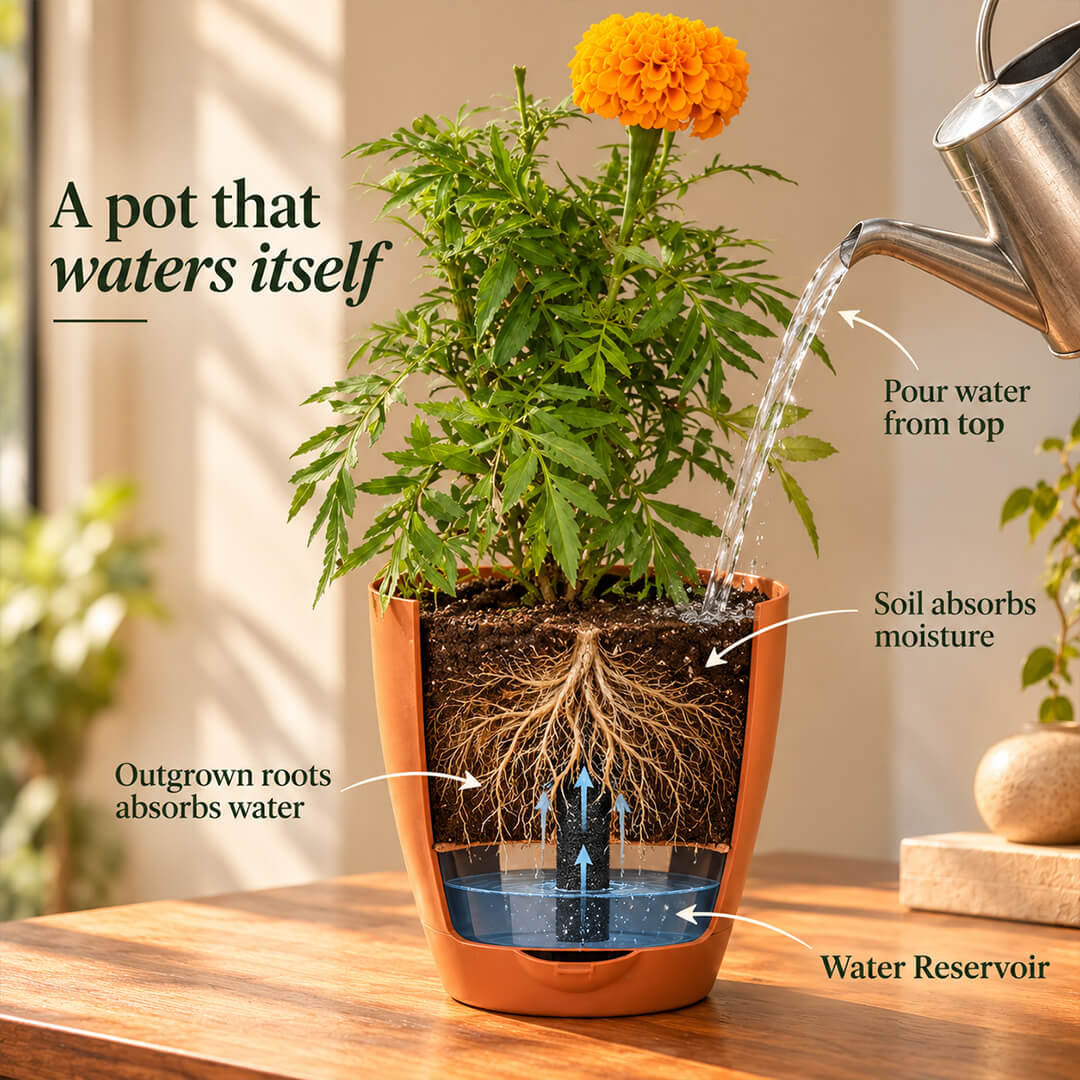 Fresh orange marigold plant with vibrant green leaves in a 7-inch plastic pot.