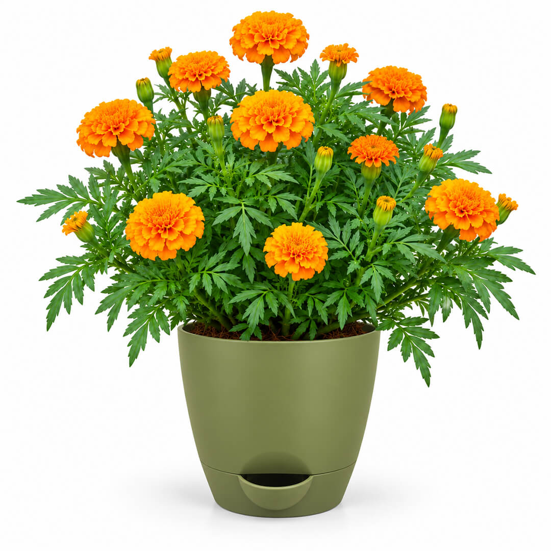 Fresh orange marigold plant with vibrant green leaves in a 7-inch plastic pot.