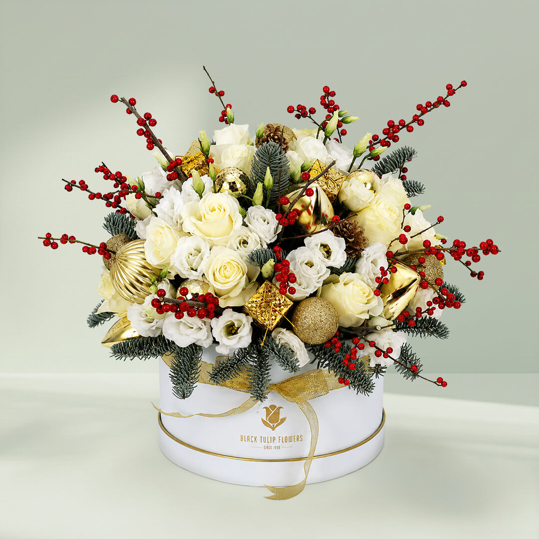 Merry Christmas Gift Box with 50 assorted fresh flowers arranged beautifully in a round box