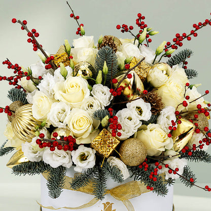 Merry Christmas Gift Box with 50 assorted fresh flowers arranged beautifully in a round box