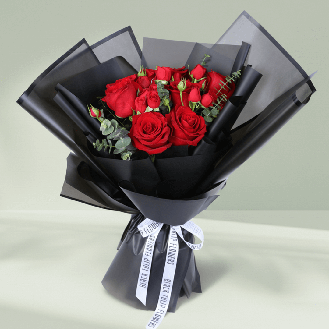 10 Red Love Rose Mini Bouquet arranged with 10 red roses, spray roses and eucalyptus