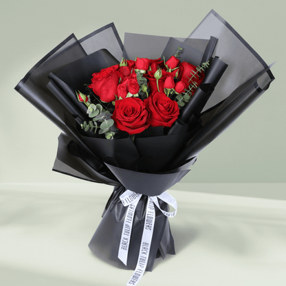 10 Red Love Rose Mini Bouquet arranged with 10 red roses, spray roses and eucalyptus