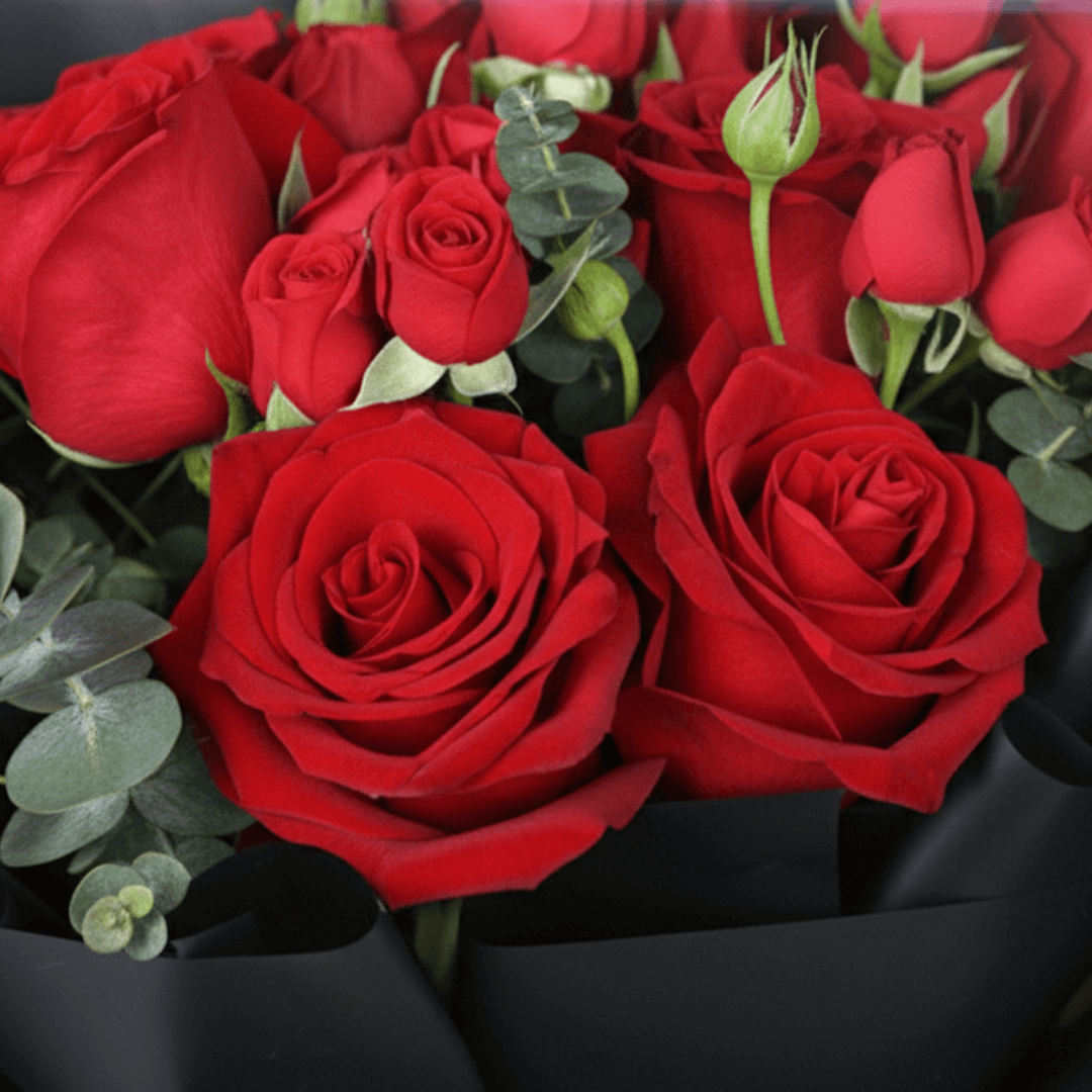 10 Red Love Rose Mini Bouquet arranged with 10 red roses, spray roses and eucalyptus
