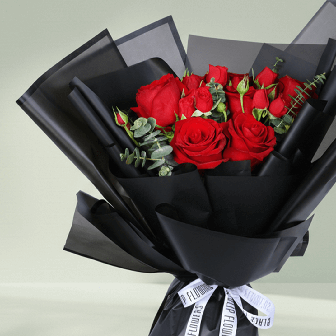 10 Red Love Rose Mini Bouquet arranged with 10 red roses, spray roses and eucalyptus