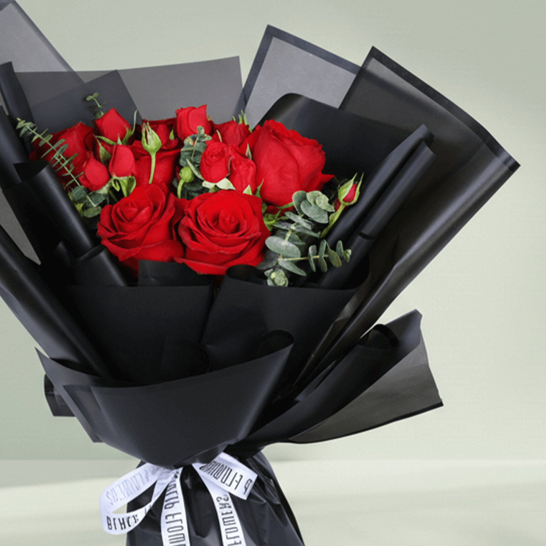 10 Red Love Rose Mini Bouquet arranged with 10 red roses, spray roses and eucalyptus