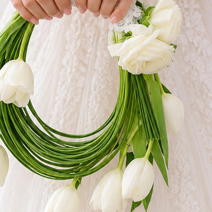 White tulip and steel grass modern floral arrangement for décor and gifting