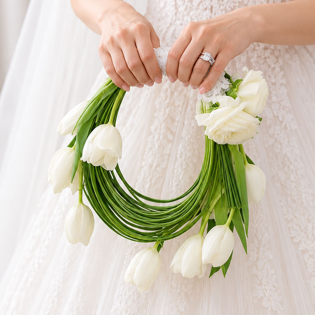 White tulip and steel grass modern floral arrangement for décor and gifting