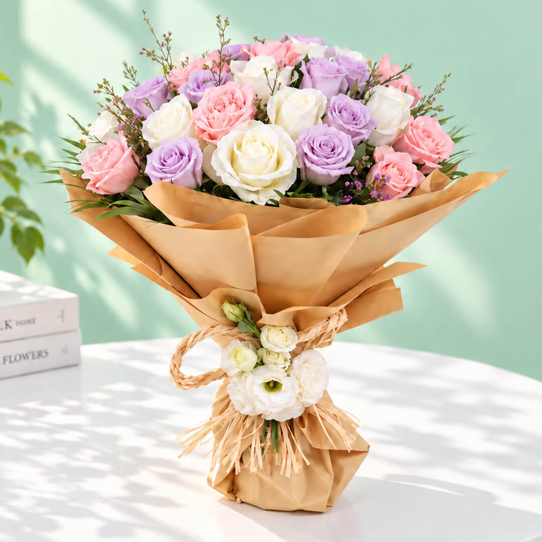 Mixed-colour roses arranged in a bouquet with non-woven wrapping