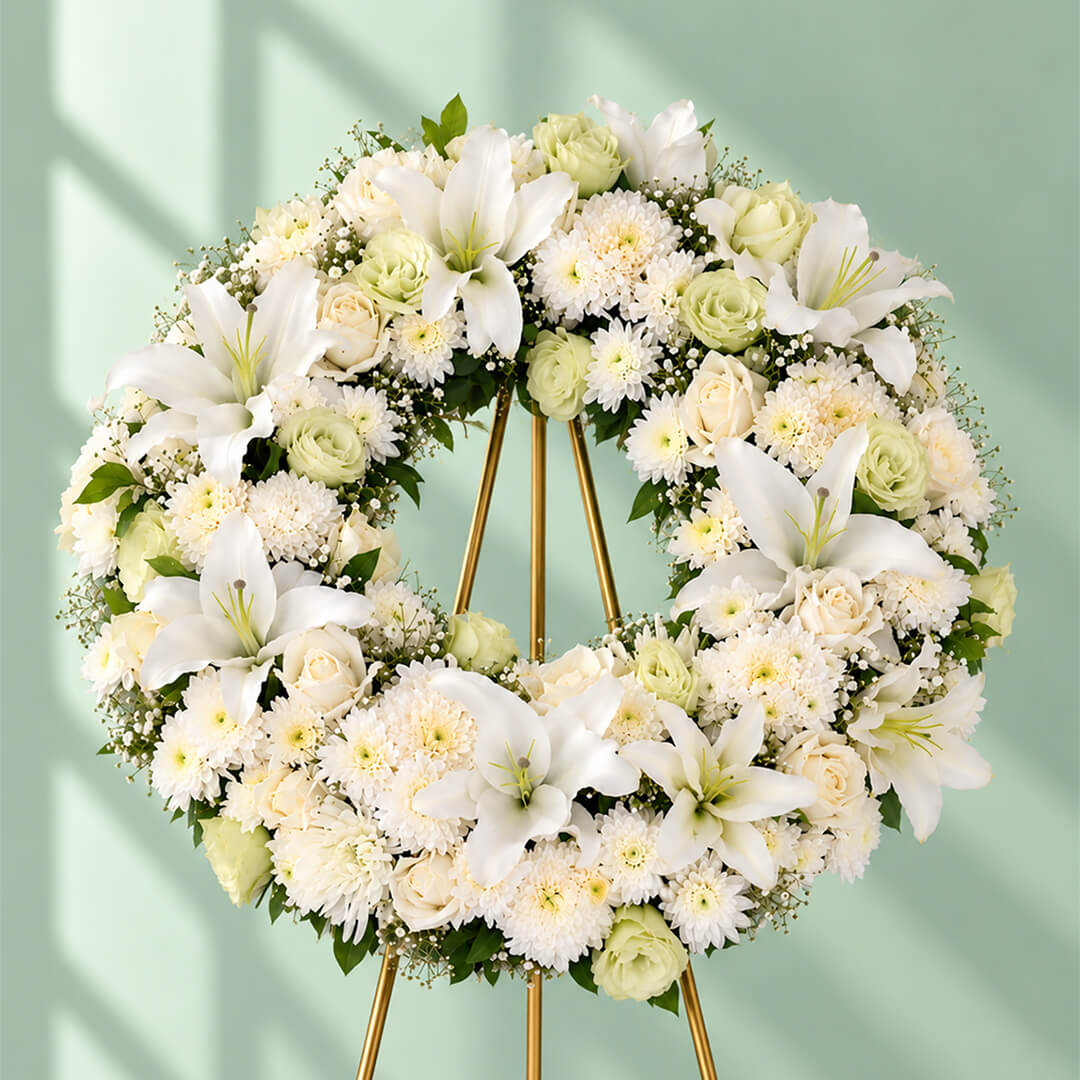 Assorted floral wreath ring with lilies, eustoma, roses, chrysanthemums, disbuds and green leaves