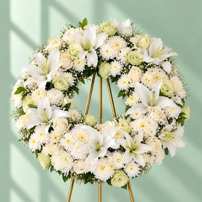 Assorted floral wreath ring with lilies, eustoma, roses, chrysanthemums, disbuds and green leaves