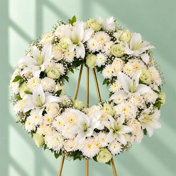 Assorted floral wreath ring with lilies, eustoma, roses, chrysanthemums, disbuds and green leaves