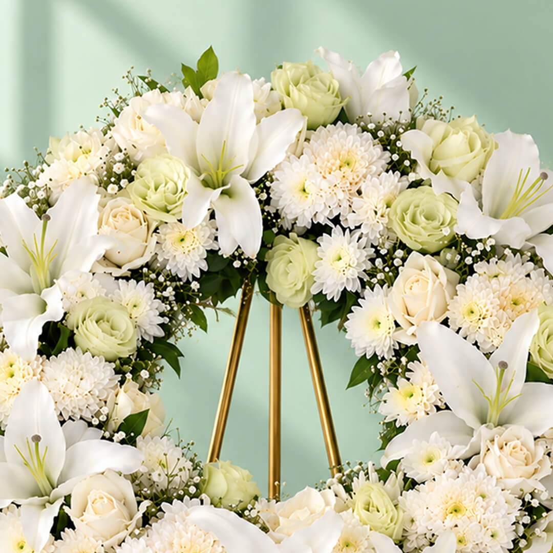Assorted floral wreath ring with lilies, eustoma, roses, chrysanthemums, disbuds and green leaves