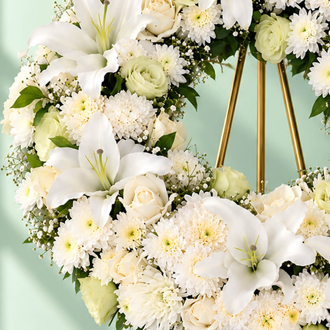 Assorted floral wreath ring with lilies, eustoma, roses, chrysanthemums, disbuds and green leaves