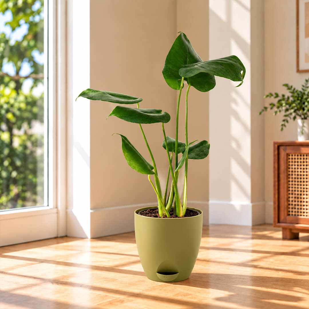 Iconic split-leaf green monstera houseplant growing in a 5-inch plastic pot.