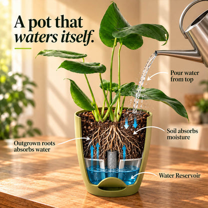 Iconic split-leaf green monstera houseplant growing in a 5-inch plastic pot.