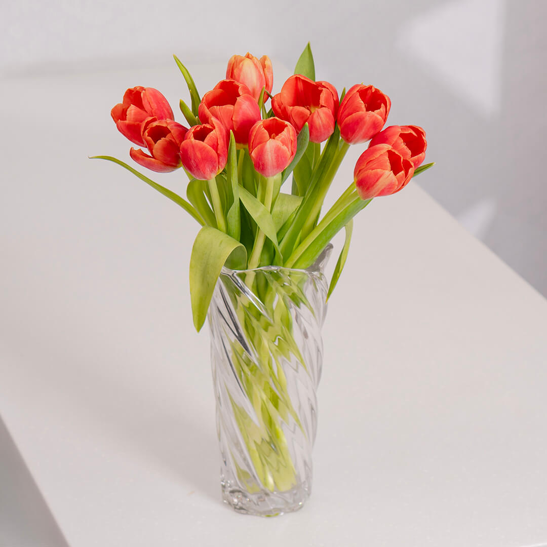 Vibrant orange cut tulips with rich citrus petals arranged in a vase