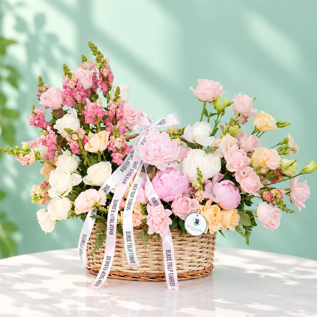 Mixed blooms including roses, peonies, carnations and snapdragons arranged in a basket