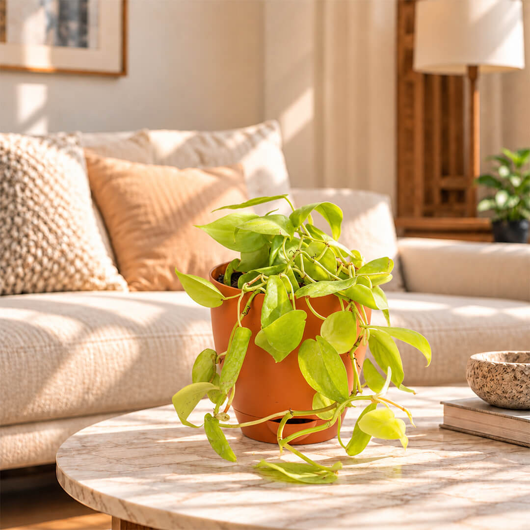 Radiant green philodendron gold houseplant growing in a 5-inch plastic pot.