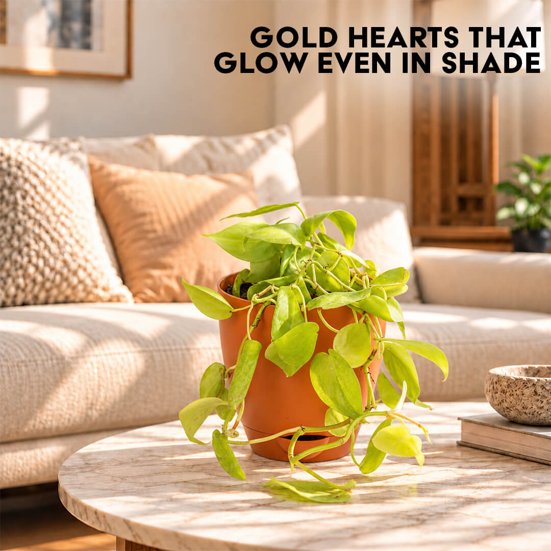 Radiant green philodendron gold houseplant growing in a 5-inch plastic pot.
