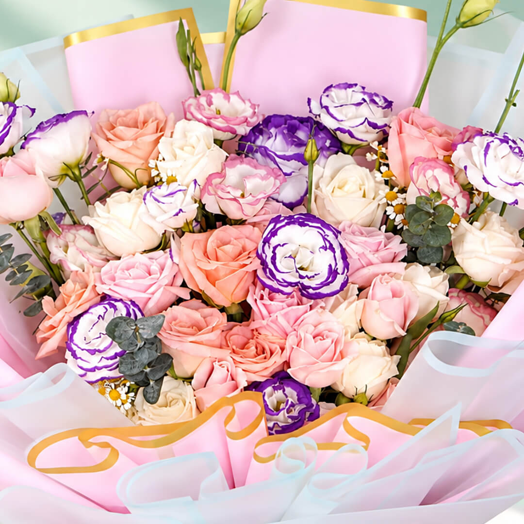 Pink and purple rose and eustoma bouquet with eucalyptus in Korean-style flower wrapping