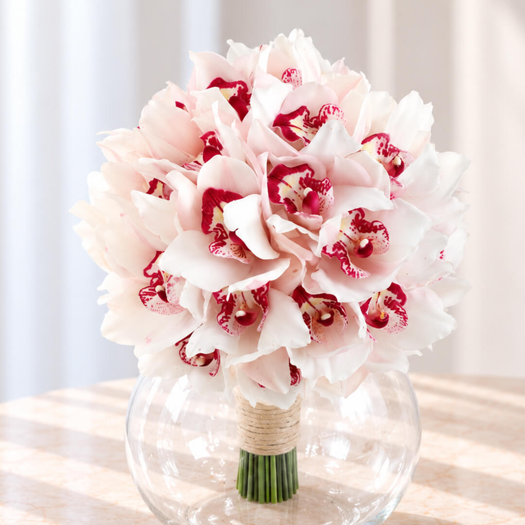 Hand-tied bridal bouquet of 5 pink Cymbidium orchids with elegant wrapping