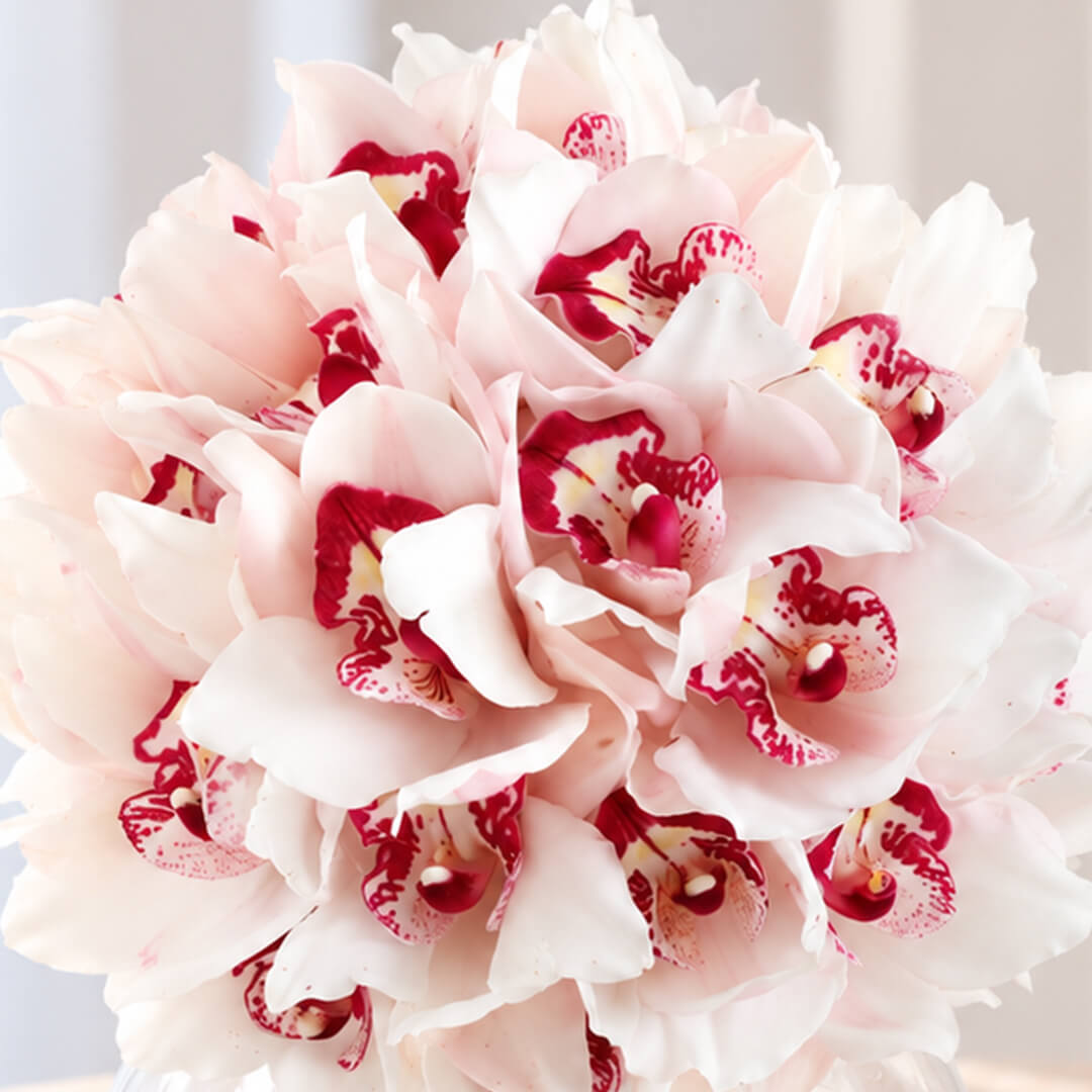 Hand-tied bridal bouquet of 5 pink Cymbidium orchids with elegant wrapping
