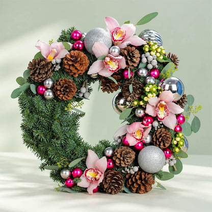 Pink orchid Christmas wreath with evergreen foliage, pine cones, berries, and silver ornaments for festive décor.