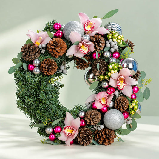Pink orchid Christmas wreath with evergreen foliage, pine cones, berries, and silver ornaments for festive décor.