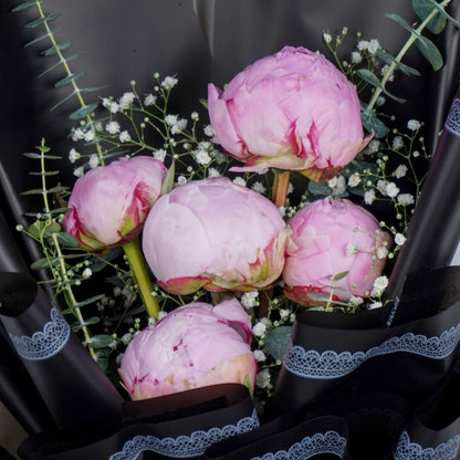 5 stem peony flower bouquet with fresh peonies and stylish wrapping