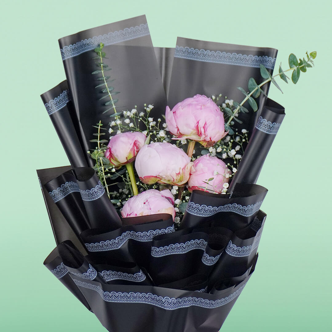 5 stem peony flower bouquet with fresh peonies and stylish wrapping