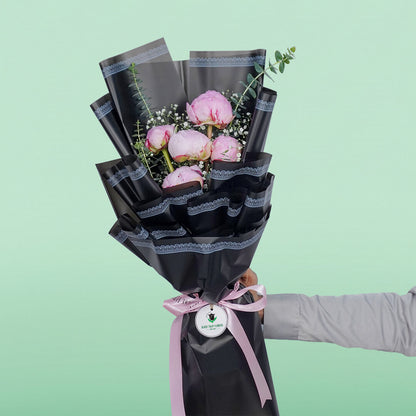 5 stem peony flower bouquet with fresh peonies and stylish wrapping