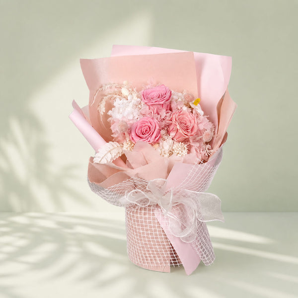 Pink Perfection preserved flower bouquet featuring delicate pink blooms for elegant, long-lasting gifting.