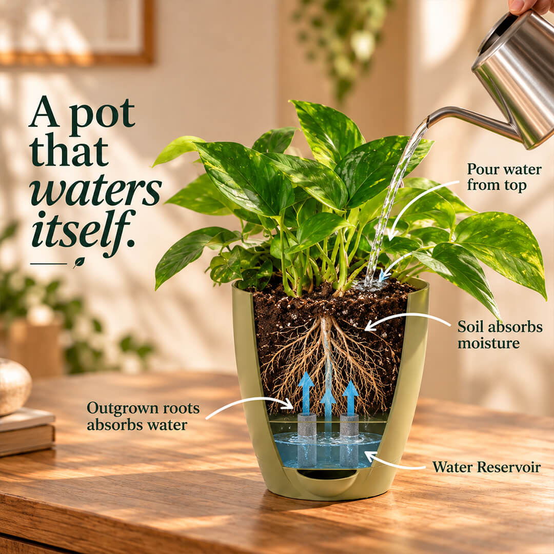 Trailing green pothos plant vines cascading from a 5-inch plastic pot.