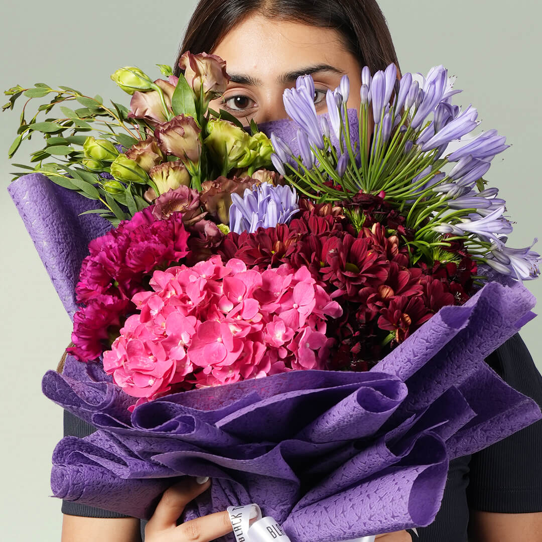 Purple Garden Elegance bouquet with hydrangeas, chrysanthemums, carnations, eustoma and eucalyptus