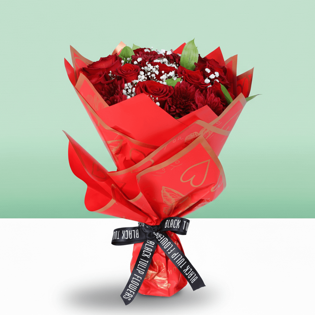 Red Rose & Chrysanthemum Bouquet arranged with red roses, chrysanthemums and fresh fillers