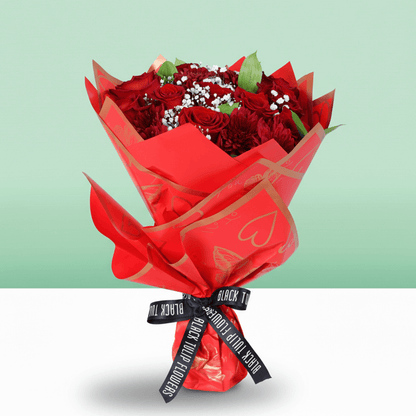 Red Rose & Chrysanthemum Bouquet arranged with red roses, chrysanthemums and fresh fillers