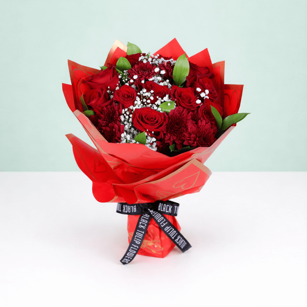Red Rose & Chrysanthemum Bouquet arranged with red roses, chrysanthemums and fresh fillers