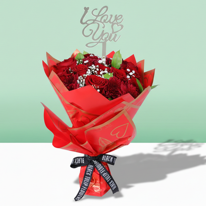 Red Rose & Chrysanthemum Bouquet arranged with red roses, chrysanthemums and fresh fillers