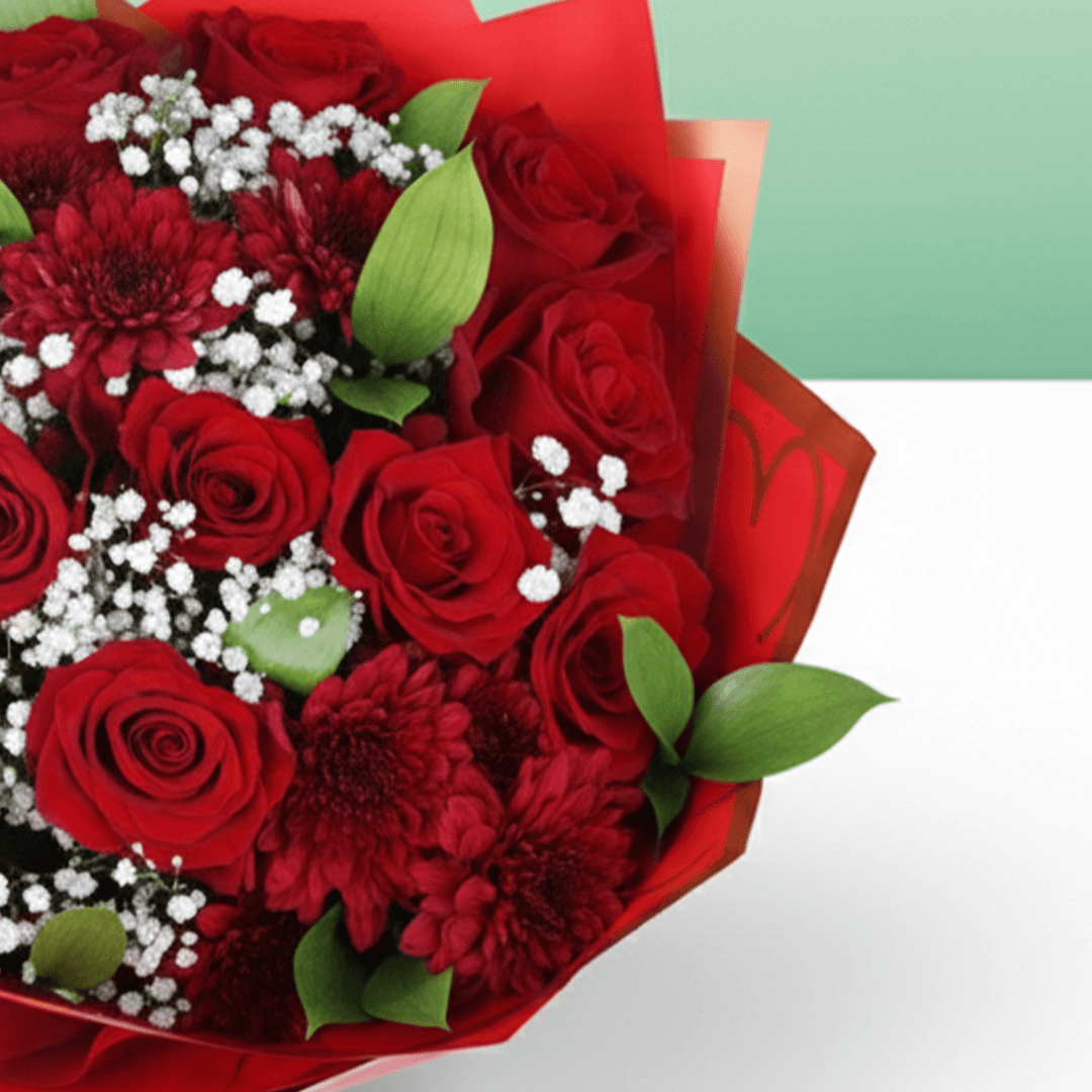 Red Rose & Chrysanthemum Bouquet arranged with red roses, chrysanthemums and fresh fillers