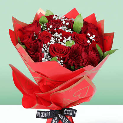 Red Rose & Chrysanthemum Bouquet arranged with red roses, chrysanthemums and fresh fillers