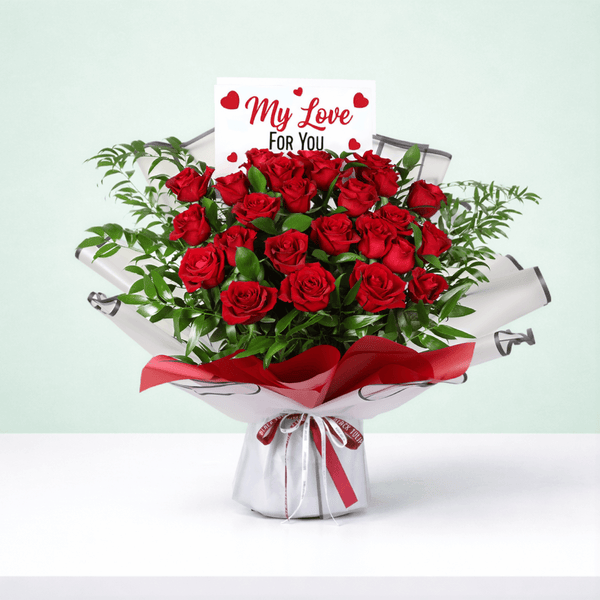 Love Spark Red Rose Bouquet arranged with red roses with fresh greenery and message card