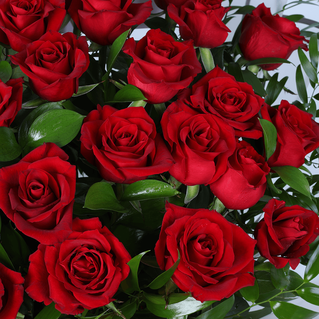 Love Spark Red Rose Bouquet arranged with red roses with fresh greenery and message card