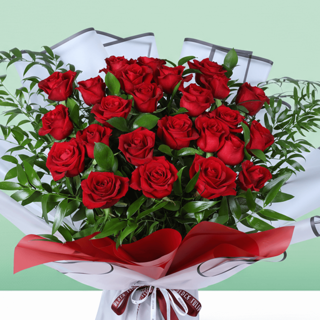 Love Spark Red Rose Bouquet arranged with red roses with fresh greenery and message card